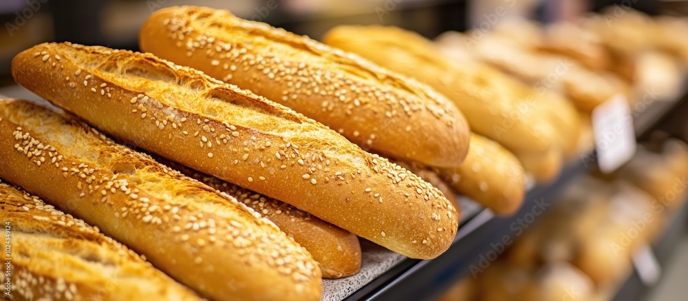 Poster close up of baguettes in display at supermarket