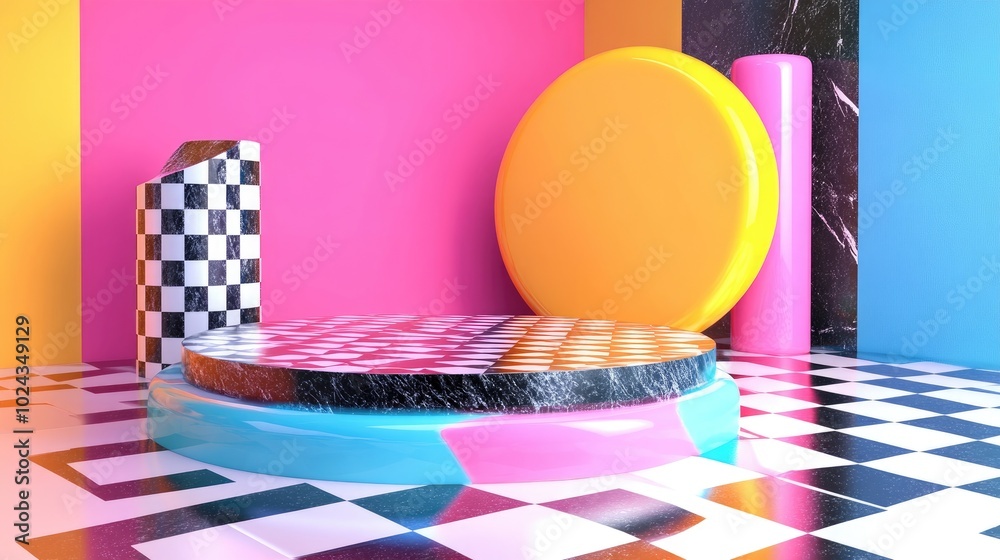 Aufkleber Abstract podium showcase in 1980s Memphis style 3D render featuring bold geometric shapes vibrant colors and check patterns A bright surreal background creates a studio setting for product adverti