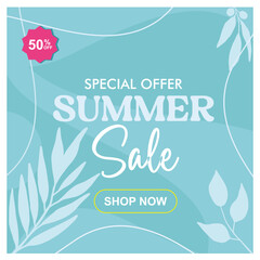 Summer sale with special discounts. Tropical leaves in trendy bright colors. Summer concept. Flat vector illustration.