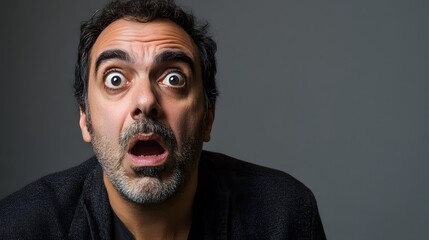 Obraz premium 27. A middle-aged man with a shocked expression, eyebrows raised and mouth open in disbelief, against a soft gray background.