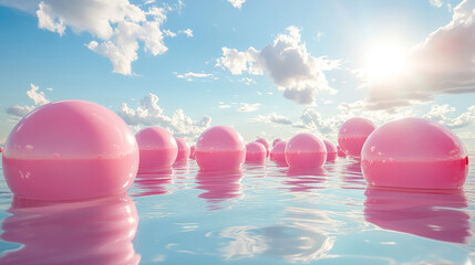 Abstract fantasy background with pink balloons floating on the glossy reflective water surface, soft diffused daylight, blue sky with Cumulus clouds aesthetic landscape background. 