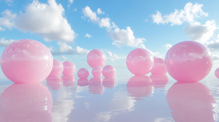 Abstract fantasy wallpaper with reflective pink spheres floating on the glossy water surface and in the air, soft diffused daylight, blue sky with Cumulus clouds aesthetic landscape background. 