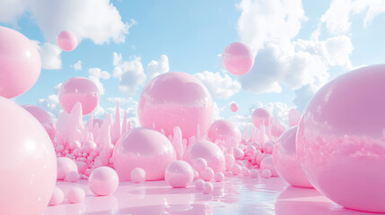 Abstract wallpaper with reflective pink spheres floating on the water surface and in the air, soft diffused daylight, blue sky with Cumulus clouds aesthetic extraterrestrial landscape background. 