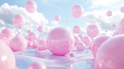 Abstract fantasy wallpaper with reflective pink spheres floating on the water surface and in the air, soft diffused daylight, blue sky with Cumulus clouds aesthetic dreamy landscape background. 