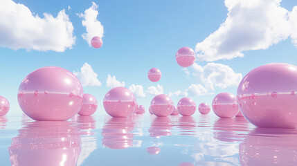 Abstract fantasy background with reflective pink spheres floating on the glossy water surface and in the air, soft diffused daylight, blue sky with Cumulus clouds aesthetic landscape background. 