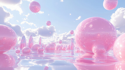 Abstract fantasy wallpaper with reflective pink spheres floating on the water surface and in the air, soft diffused daylight, blue sky with Cumulus clouds aesthetic dreamy landscape background. 