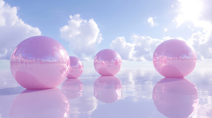 Abstract fantasy background with reflective pink purple spheres floating on the glossy water surface, soft diffused daylight, blue sky with Cumulus clouds aesthetic landscape background. 