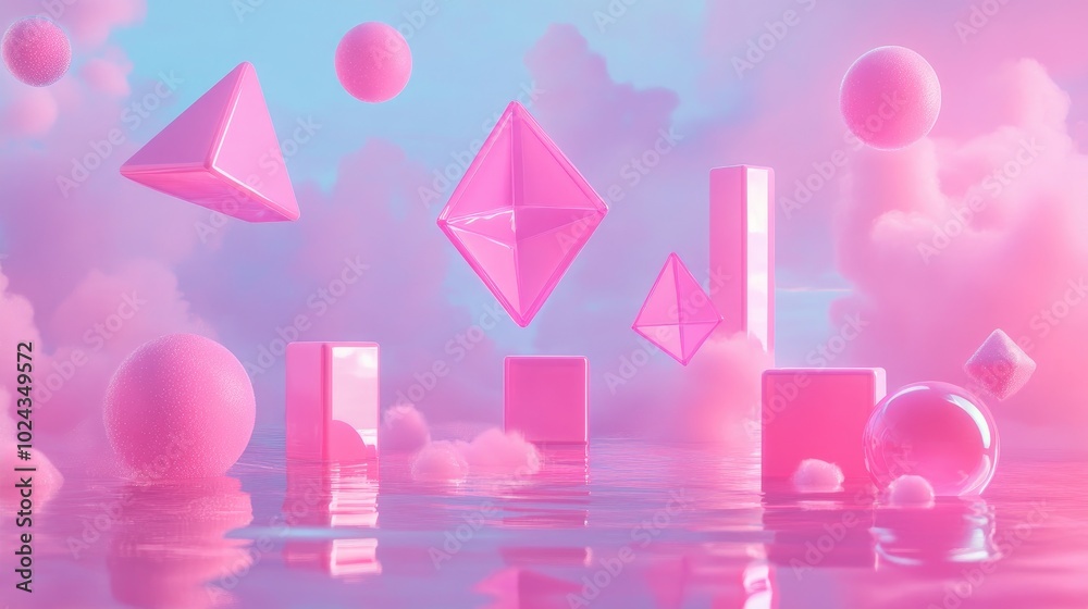 Poster 3D Illustration Of Colorful Geometric Objects Floating In A Surreal Pink Neon Background Meta Aesthetics Metaverse Banner For Digital Wallpaper
