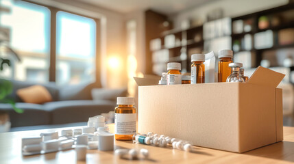 Cardboard box filled with various medical products in a blurred living room setting, showcasing syringes, vials, and medicine bottles