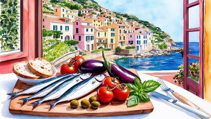 Obraz premium vegetables ahd fish on the table