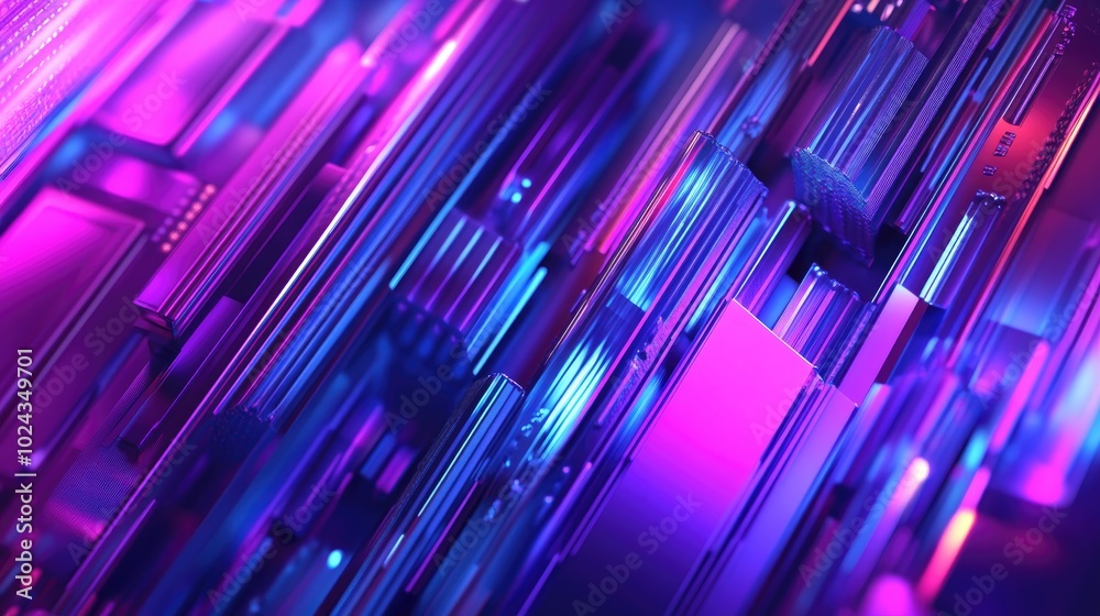 Poster 3d rendering of an abstract geometric background in purple and blue hues cyberpunk theme suitable fo