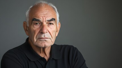Obraz premium 2. An older man with a look of deep contemplation, brow furrowed and eyes focused, against a neutral gray backdrop.