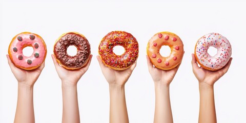 Collection set of hand holding round donut doughnut on white background