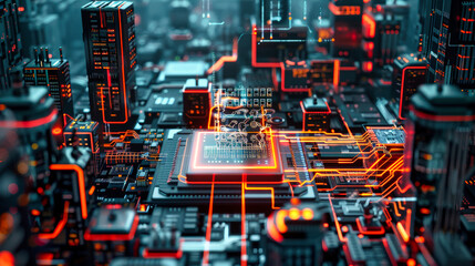 Futuristic AI chip with holographic interface floating above, surrounded by advanced circuits and buildings in a high-resolution digital landscape