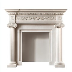 Naklejka premium A classic stone fireplace with decorative columns and intricate carvings.