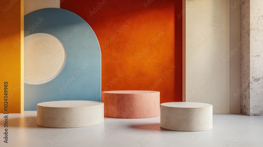 Aufkleber 3D rendering of a studio featuring geometric shapes and a podium on the floor Platforms designed for product display with a mock up background An abstract composition in minimalistic design