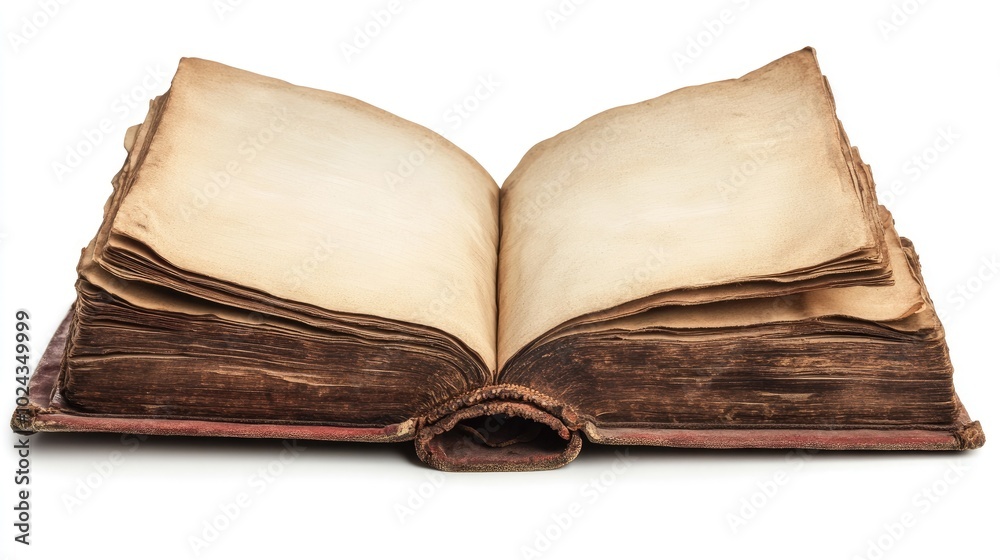 Poster An old book with blank pages open and isolated on a white background
