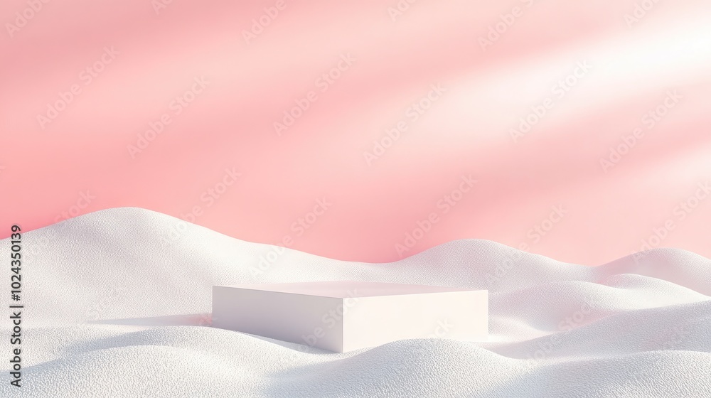 Aufkleber 3D rendering of a modern minimalistic background featuring an empty white square podium situated on white sand against a pink backdrop