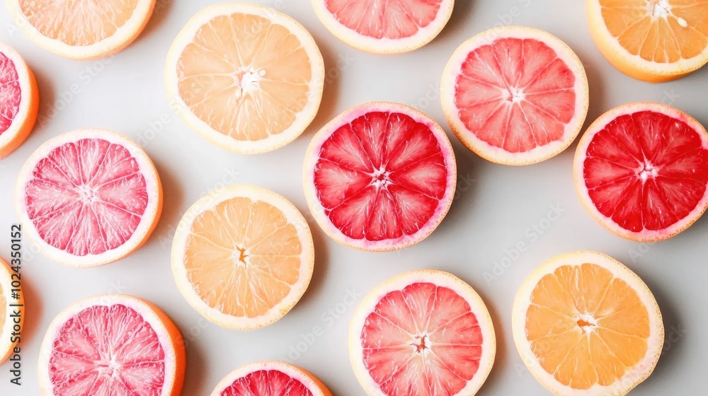 Aufkleber Close up of sliced ripe blood oranges on a gray background showcasing their vibrant color and texture with space for text