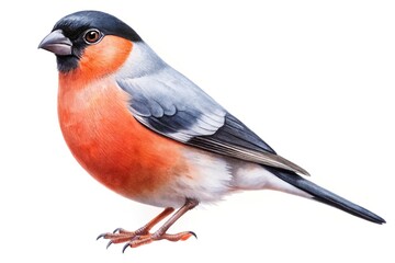 Symmetrical watercolor illustration of a bullfinch bird isolated on white background