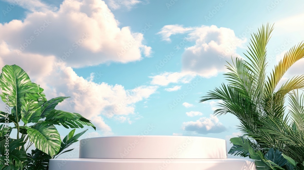 Poster 3d rendering of an abstract podium display featuring tropical leaves against a backdrop of blue skie