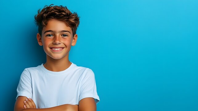 4. A teenage boy with a confident grin, arms crossed and a playful glint in his eyes, against a solid blue background.
