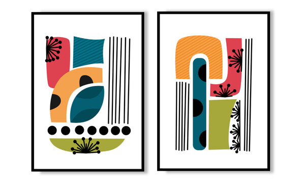 Set of two modern mid century wall art collection. Vintages geometry wall print and poster vector.