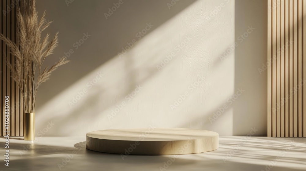 Poster 3D backdrop featuring a podium display Soft beige banner with light and shadow effects Ideal for beauty cosmetic promotions showcasing a natural wooden panel with a gold stand Minimalist studio re