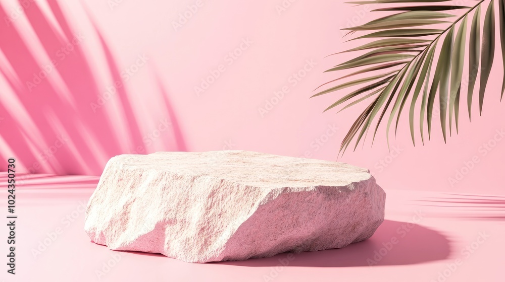 Aufkleber 3D podium designed for showcasing packaging and cosmetics The scene features a rock stand with a palm shadow creating a natural and realistic pedestal 3D rendering and illustration