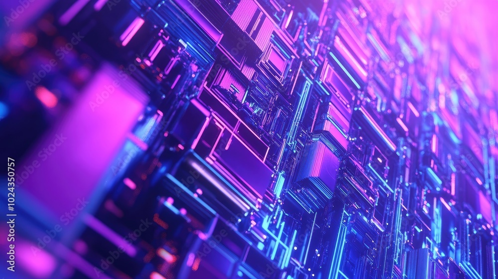 Poster 3d rendering of an abstract geometric background in purple and blue hues cyberpunk theme suitable fo