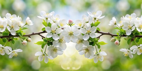 Obraz premium Symmetrical white flowers on branch of blossoming apple tree