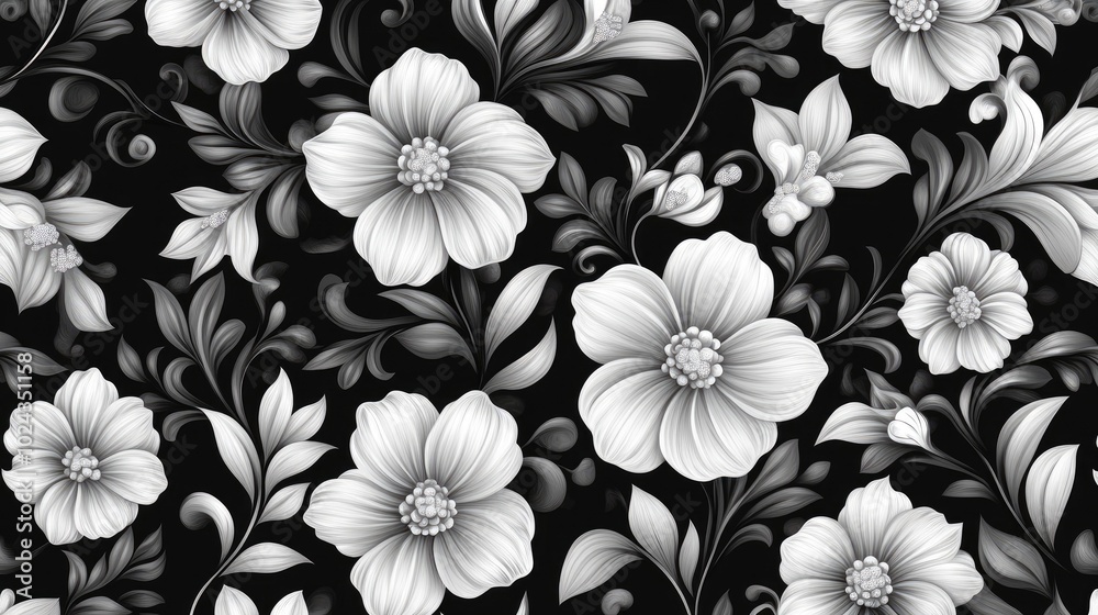 Poster black and white floral pattern design suitable for background wallpaper or tile applications
