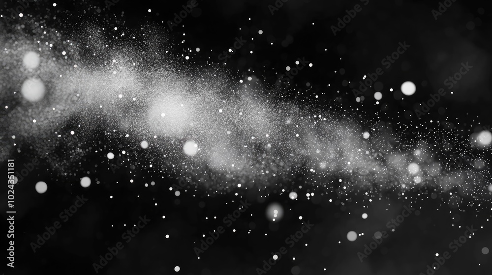 Aufkleber 3D visualization of dynamic white dust particles creating a bokeh effect against a dark backdrop