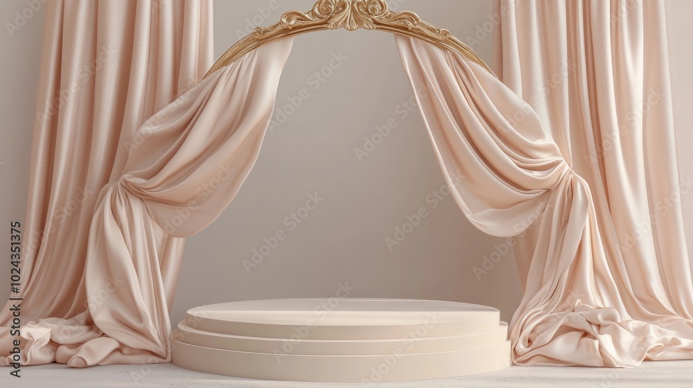 Poster 3d background featuring a beige podium for display mockup flowing silk fabric decorative gold arch f