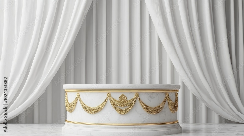Poster 3d rendered background featuring a roman style white and gold podium with a curved back against a wh