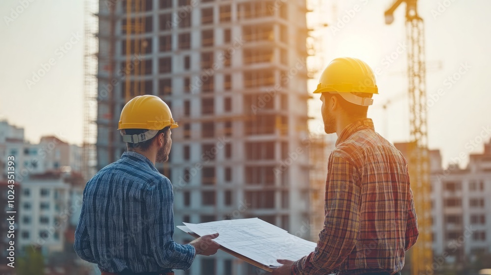 Aufkleber two men wearing hard hats are standing in front of a building