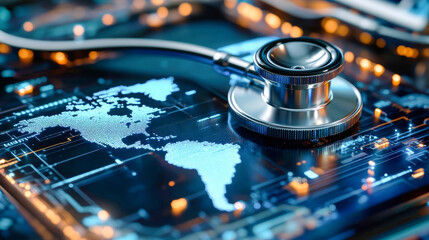 A 3D-rendered world map enhanced with digital technology and a stethoscope, symbolizing global healthcare on a sleek black background