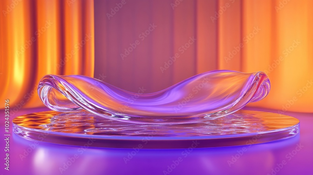 Poster 3d rendering of a circular podium featuring a glass wavy ribbon on water abstract geometric backdrop