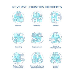 Reverse logistics soft blue concept icons. Reselling. Product repair. Return management. Circular economy. Quality control. Icon pack. Vector images. Round shape illustrations. Abstract idea