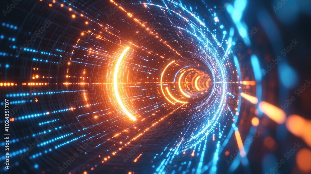 Aufkleber Abstract Glowing Blue And Orange Neon Lines And Dots Background With Digital Technology Tunnel Futuristic Cyberspace With High Speed Moving Digital Data Sci Fi Virtual Reality