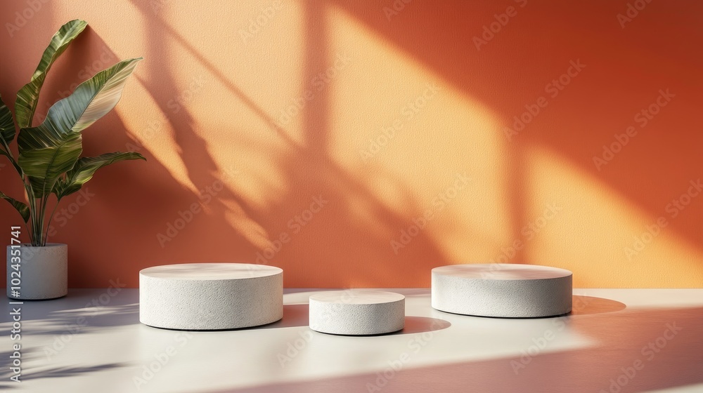 Poster 3D rendering of four minimalistic empty podiums or pedestals for showcasing products