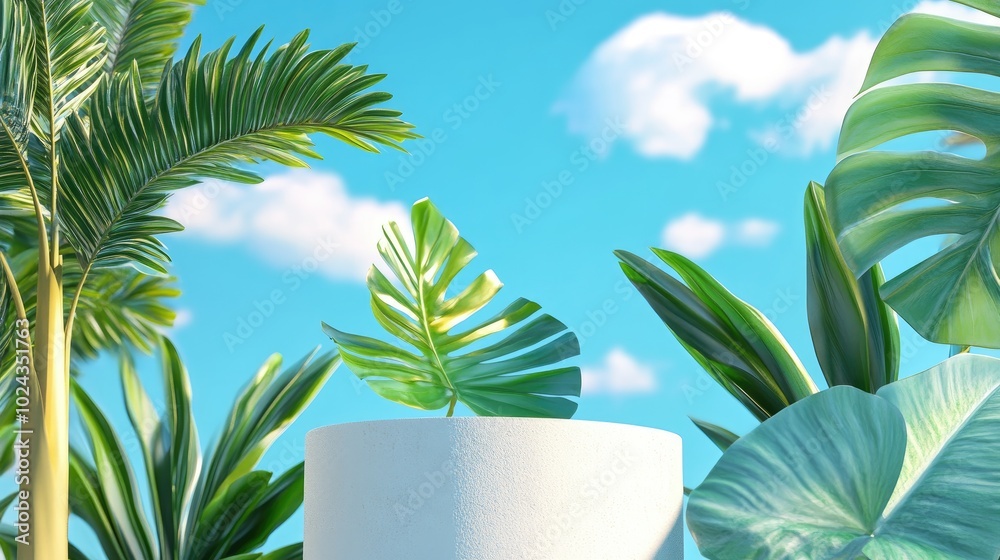 Poster 3d rendering of an abstract podium display featuring tropical leaves against a backdrop of blue skie