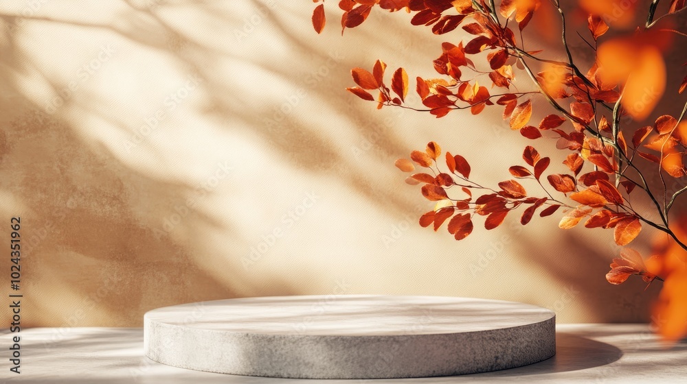 Aufkleber autumn themed 3d podium featuring shadow overlay effects for showcasing products 3d rendering