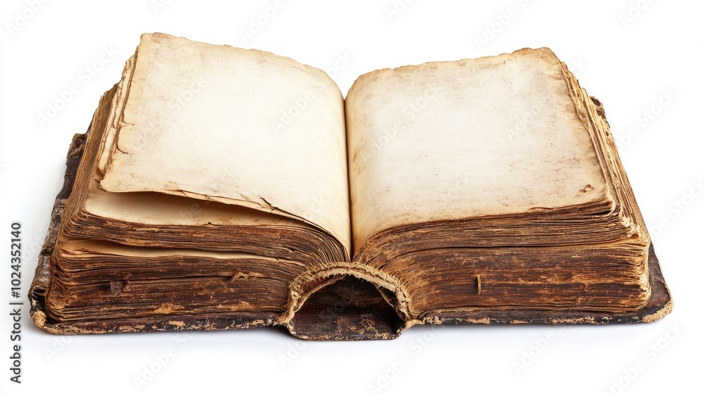 Poster An old book with blank pages open and isolated on a white background