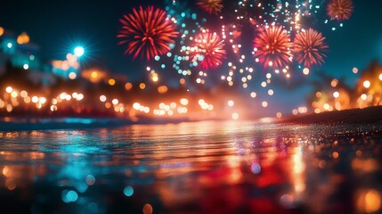 Obraz premium A beautiful beach with fireworks in the sky, party scene with brilliant hues. 2025 new year fireworks