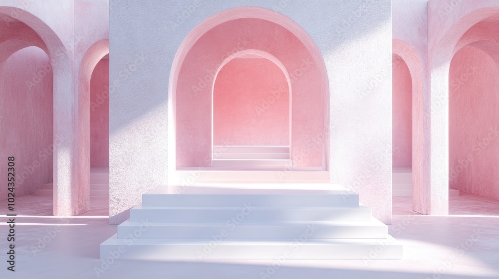 Poster 3d rendering of a white and pink podium in a square featuring geometric stair shapes and an arch des