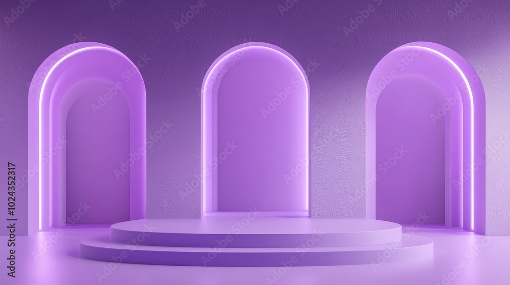 Poster 3d mock up podium set in a purple empty space featuring arches and neon lilac illumination contempor