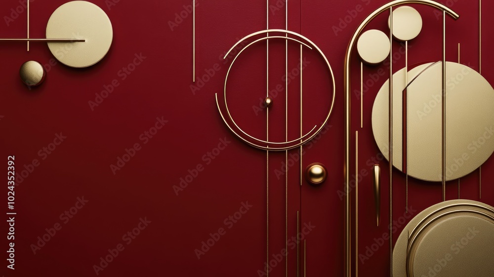 Poster 3d illustration of wall decor featuring golden shapes circles and lines in a minimalist mural design