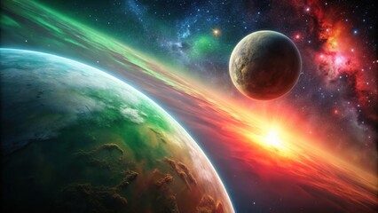 Obraz premium Surreal space landscape with planets in red and green sky