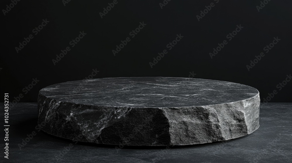 Poster Black stone pedestal display on a dark background for product showcase 3D rendering